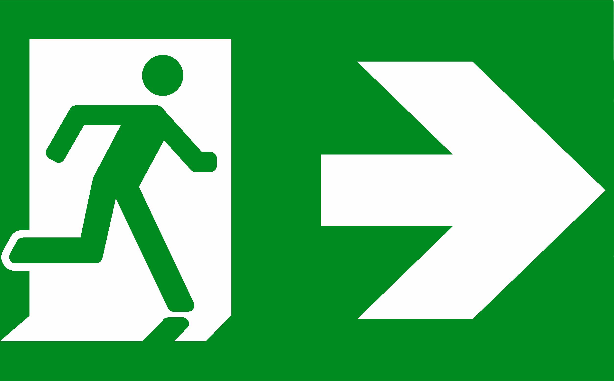 A green and white fire exit sign.